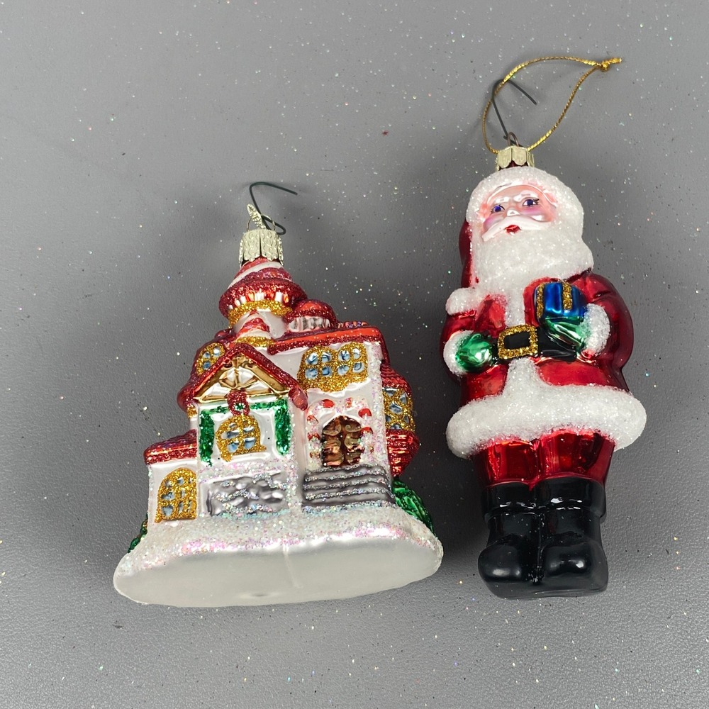 Old World Christmas Glass Ornaments Santa Claus and Gingerbread House Set of 2